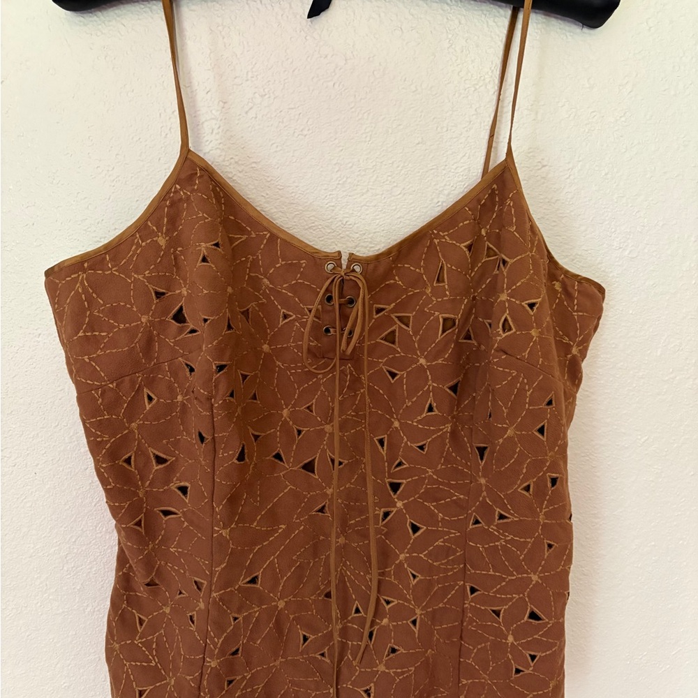 Brown Eyelet Lace-Up Suede-Look Spaghetti Strap Camisole